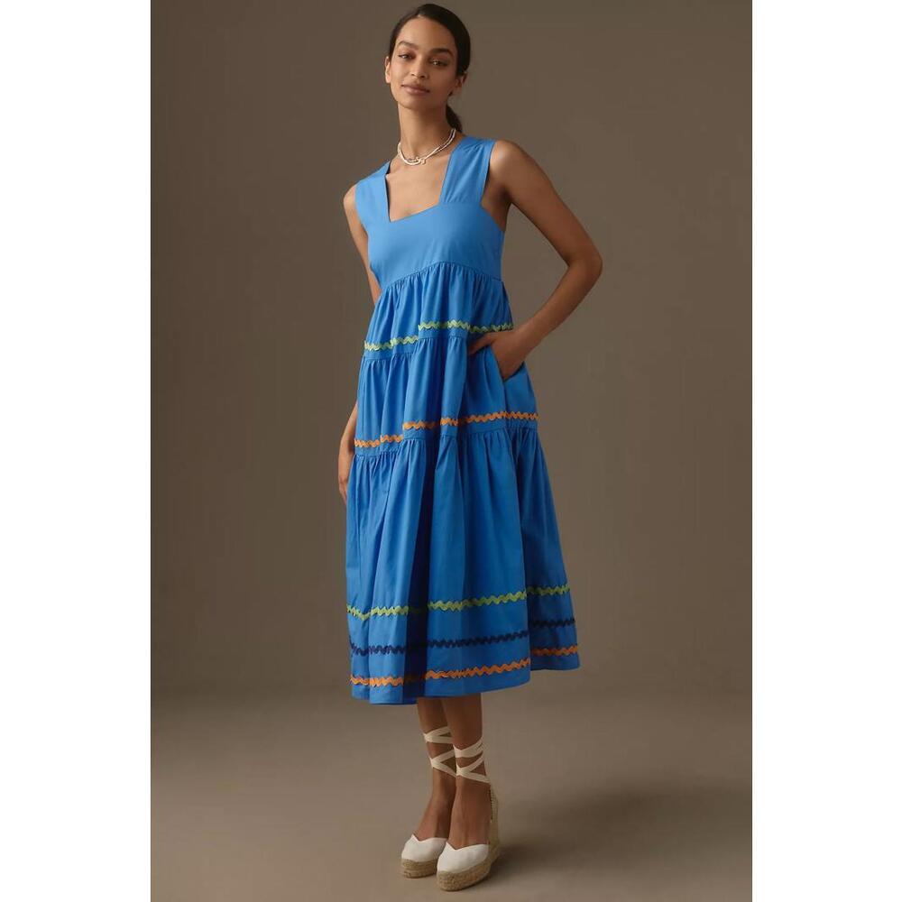 Anthropologie - Blue Sleeveless Midi Dress with Colorful Trim Details, Size S